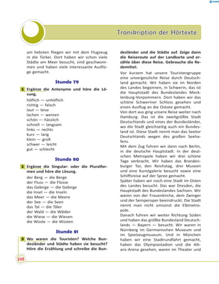 Transkription der HörtexteTranskription der Hörtexte
am liebsten fliegen wir mit dem Flugzeug
in die Türkei. Dort haben wir schon viele
Städte am Meer besucht, sind geschwom-
men und haben viele interessante Ausflü-
ge gemacht.
Stunde 79
1 Ergänze die Antonyme und höre die Lö-
sung.
höflich — unhöflich
richtig — falsch
laut — leise
lachen — weinen
schön — hässlich
schnell — langsam
links — rechts
kurz — lang
klein — groß
schwer — leicht
gut — schlecht
Stunde 80
1 Ergänze die Singular- oder die Pluralfor-
men und höre die Lösung.
der Berg — die Berge
der Fluss — die Flüsse
das Gebirge — die Gebirge
die Insel — die Inseln
das Meer — die Meere
der See — die Seen
das Tal — die Täler
der Wald — die Wälder
die Wiese — die Wiesen
die Wüste — die Wüsten
Stunde 81
3 Wo waren die Touristen? Welche Bun-
desländer und Städte haben sie besucht?
Höre die Erzählung und schreibe die Bun-
desländer und die Städte auf. Zeige dann
die Reiseroute auf der Landkarte und er-
zähle über diese Reise. Gebrauche die Re-
demittel.
Vor kurzem hat unsere Touristengruppe
eine unvergessliche Reise durch Deutsch-
land gemacht. Wir haben sie im Norden
des Landes begonnen, in Schwerin, das ist
die Hauptstadt des Bundeslandes Meck-
lenburg-Vorpommern. Dort haben wir das
schöne Schweriner Schloss gesehen und
einen Ausflug an die Ostsee gemacht.
Von dort aus ging unsere Reise weiter nach
Hamburg. Das ist die zweitgrößte Stadt
Deutschlands und eines der Bundesländer,
wo die Stadt gleichzeitig auch ein Bundes-
land ist. Diese Stadt nennt man das Seetor
Deutschlands wegen des großen Seeha-
fens.
Mit dem Zug fuhren wir dann nach Berlin,
in die deutsche Hauptstadt. In der deut-
schen Metropole haben wir drei schöne
Tage verbracht. Wir haben das Branden-
burger Tor, den Reichstag, drei Museen
und eine Kunstgalerie besucht sowie eine
Schiffsreise auf der Spree gemacht.
Später haben wir noch eine Stadt im Osten
des Landes besucht. Das war Dresden, die
Hauptstadt des Bundeslandes Sachsen. Wir
waren von der Frauenkirche, dem Zwinger
und der Semperoper beeindruckt. Die Stadt
nennt man nicht umsonst die Elbmetro-
pole.
Danach fuhren wir weiter Richtung Süden
und haben das größte Bundesland Deutsch-
lands — Bayern — besucht. Wir waren in
Nürnberg im Germanischen Museum und
im Spielzeugmuseum. Und in München
haben wir eine Stadtrundfahrt gemacht,
haben das Olympiastadion und die Alli-
anz-Arena gesehen, waren im Theater und
1
1
3
232
 