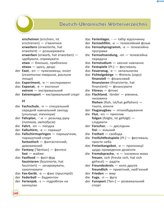 Deutsch-Ukrainisches WörterverzeichnisDeutsch-Ukrainisches Wörterverzeichnis
erscheinen (erschien, ist
erschienen) — з’являтися
erweitern (erweiterte, hat
erweitert) — розширювати
erwerben (erwarb, hat erworben) —
здобувати, отримувати
etwa — близько, приблизно
etwas — щось, дещо
der Exot, -en — чужеземець; екзот
(екзотична тварина, рослина
тощо)
das Experiment, -e — експеримент
das Exponat, -e — експонат
extrem — екстремальний
der Extremsport — екстремальний спорт
Ff
die Fachschule, -n — спеціальний
середній навчальний заклад
(училище, технікум)
der Fahrplan, -¨-e — розклад руху
(потягів, автобусів)
die Fahrt, -en — поїздка
der Fallschirm, -e — парашут
das Fallschirmspringen — парашутизм,
парашутний спорт
fantastisch — фантастичний;
дивовижний
die Fantasy ['fæntəzɪ] — фентезі
fast — майже
das Fastfood — фаст-фуд
faszinieren (faszinierte, hat
fasziniert) — зачаровувати,
захоплювати
das Fax-Gerät, -e — факс (пристрій)
der Federball — бадмінтон
der Ferienjob, -s — підробіток на
канікулах
das Ferienlager, - — табір відпочинку
der Fernsehfilm, -e — телевізійний фільм
das Fernsehprogramm, -e — телевізійна
програма
die Fernsehsendung, -en — телевізійна
передача
das Fernstudium — заочне навчання
die Festspiele (Pl.) — фестиваль
das Feuerzeug, -e — запальничка
das Fichtelgebirge — Фіхтель (гори)
finanziell — фінансовий
finanzieren (finanzierte, hat
finanziert) — фінансувати
die Fitness — фітнес
das Flachland, -länder — рівнина,
низовина
fliehen (floh, ist/hat geflohen) —
тікати, втекти
der Flugzeugbau — літакобудування
die Flut, -en — приплив
folgen (folgte, ist gefolgt) —
слідувати
der Forscher, - — дослідник
frei — вільний
die Freiheit — свобода
die Freilichtfestspiele (Pl.) — фестиваль
просто неба
das Freizeitangebot, -e — пропозиції
щодо проведення дозвілля
die Fremdsprache, -n — іноземна мова
freuen, sich (freute sich, hat sich
gefreut) — радіти
der Freundeskreis — коло друзів
freundlich — привітний, люб’язний
der Frieden — мир
die Fuge, -n — фуга
der Funsport ['fan-] — розважальний
спорт
240
 