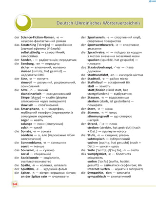 Deutsch-Ukrainisches WörterverzeichnisDeutsch-Ukrainisches Wörterverzeichnis
der Science-Fiction-Roman, -e —
науково-фантастичний роман
das Scratching ['skrɛʧ̮ɪŋ] — шкрябання
(звукові ефекти ді-джеїв)
selbstständig — самостійний;
самостійно
der Sender, - — радіостанція; передатчик
die Sendung, -en — передача
sicher — впевнений; напевно
simsen (simste, hat gesimst) —
надсилати СМС
der Sinn, -e — почуття
sinnvoll — розумний, раціональний,
осмислений
die Sitte, -n — звичай
skandinavisch — скандинавський
Skype [ska͜ep] — скайп (форма
спілкування через Інтернет)
slawisch — слов’янський
das Smartphone, -s — смартфон,
мобільний телефон (переважно із
сенсорним екраном)
sogar — навіть
solange — поки (сполучник)
solch — такий
die Sonate, -n — соната
sondern — а, але (переважно після
заперечення)
die Sonnenblume, -n — соняшник
sonst — інакше
das Souvenir, -s — сувенір
sozial — соціальний
die Sozialkunde — соціологія,
суспільствознавство
die Spalte, -n — колонка, шпальта
der Spielfilm, -e — художній фільм
die Spitze, -n — вістря; вершина; кінчик;
an der Spitze sein — очолювати
der Sportverein, -e — спортивний клуб,
спортивне товариство
der Sportwettbewerb, -e — спортивне
змагання
die Sprachreise, -n — поїздка за кордон
з метою вивчення іноземної мови
spucken (spuckte, hat gespuckt) —
плювати
das Staatsoberhaupt, -¨-er — глава
держави
die Stadtrundfahrt, -en — екскурсія містом
der Stadtteil, -e — район міста
der Staffellauf — естафетний біг
statt — замість
statt|finden (fand statt, hat
stattgefunden) — відбуватися
der Stausee, -n — водосховище
sterben (starb, ist gestorben) —
помирати
der Stern, -e — зірка
die Stimme, -n — голос
stimmungsvoll — що створює
настрій
der Strand, -¨-e — пляж
streben (strebte, hat gestrebt) (nach
+ Dat.) — прагнути чогось
die Stufe, -n — сходина; рівень
subtropisch — субтропічний
suchen (suchte, hat gesucht) (nach +
Dat.) — шукати щось
die Suite ['svi:t(ə)]/['sui̯:tə], -n — сюїта
das Sumpfgebiet, -e — болотиста
місцевість
surfen ['sə:fṇ] (surfte, hat/ist
gesurft) — займатися серфінгом; im
Internet surfen — шукати в Інтернеті
die Sympathie, -tien — симпатія
sympathisch — симпатичний
248
 