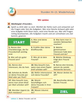 L e ktion
22 Stunden 19—21. WiederholungStunden 19—21. Wiederholung
Wir spielen
4 Würfelspiel «Freunde».
Spielt zu dritt oder zu viert. Würfelt der Reihe nach und antwortet auf
die Fragen oder löst die Aufgaben. Wer eine falsche Antwort gibt oder
eine Aufgabe nicht lösen kann, setzt eine Runde aus. Wer alle Fragen
richtig beantwortet, alle Aufgaben macht und am schnellsten ans Ziel
kommt, gewinnt.
STARTSTART
1. Was sind deine
Hobbys?
2. Was kann man in
sozialen Netzwerken
machen?
5. Nenne drei
Charakterzüge, die für
Freundschaft wichtig
sind.
4. Erzähle über deine
Brieffreunde.
3. Welche
gemeinsamen
Interessen habt dein
Freund und du?
6. Wie soll ein guter
Freund sein?
7. Wie alt ist dein
Freund?
8. Welche Kleidung
trägt dein Freund
gern?
11. Nenne drei
Interessen, die du hast.
10. Was braucht man,
wenn man einen Papier-
brief schicken will?
9. Nenne drei Gründe,
warum du soziale
Netzwerke benutzt.
12. Schickst du Briefe
an deine Freunde per
Mail oder per Post?
13. Wofür interessieren
sich deine Freunde?
14. Woran denkst du
oft?
17. Was braucht man,
wenn man einen Brief
per Mail schicken will?
16. Womit
beschäftigen sich
deine Freunde in ihrer
Freizeit?
15. Beschreibe deinen
besten Freund.
18. Worüber ärgerst du
dich meistens?
19. Wovon träumst
du? ZIELZIEL
4
46
Lektion 2. Meine Freunde und ich
 