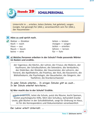 Le kt
ion
33 SCHULPERSONALStunde 29
Unterricht in … erteilen, leiten (leitete, hat geleitet), sorgen
(sorgte, hat gesorgt) für (Akk.), verantwortlich sein für (Akk.),
der Hausmeister -
1 Höre zu und sprich nach.
Rektor — Direktor leiten — leisten
Koch — noch morgen — sorgen
Haus — aus teilen — erteilen
Raum — kaum lehren — lernen
keine — eine für — fuhr
2 a) Welche Personen arbeiten in der Schule? Finde passende Wörter
im Kasten und erzähle.
der Ingenieur, die Köchin, der Lehrer, der Friseur, die Malerin, der
Kaufmann, der Schulbusfahrer, die Sekretärin, die Verkäuferin,
der Elektriker, der Direktor, der Hausmeister, die Lehrerin, der
Tierarzt, die Apothekerin, die Putzfrau, der Arzt, die Kassiererin, die
Bibliothekarin, die Psychologin, der Bauarbeiter, die Sängerin, der
Taxifahrer, die Krankenschwester
In jeder Schule arbeiten… In einigen Schulen gibt es auch…
In der Schule arbeitet kein/keine…
b) Wer macht das in der Schule? Erzähle.
erteilt Unterricht, leitet die Schule, putzt die Räume, kocht Speisen,
leistet psychologische Hilfe, fährt den Schulbus, behandelt kranke
Leute, gibt Bücher in der Schulbibliothek, sorgt für Ordnung im Haus,
ist für die Korrespondenz und Dokumentation verantwortlich
Der Lehrer erteilt Unterricht. …
1
2
Тема 3. Шкільне життя
65
 