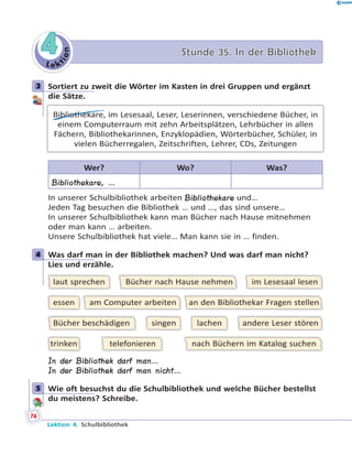 L e k
tion
44 Stunde 35. In der BibliothekStunde 35. In der Bibliothek
3 Sortiert zu zweit die Wörter im Kasten in drei Gruppen und ergänzt
die Sätze.
Bibliothekare, im Lesesaal, Leser, Leserinnen, verschiedene Bücher, in
einem Computerraum mit zehn Arbeitsplätzen, Lehrbücher in allen
Fächern, Bibliothekarinnen, Enzyklopädien, Wörterbücher, Schüler, in
vielen Bücherregalen, Zeitschriften, Lehrer, CDs, Zeitungen
Wer? Wo? Was?
Bibliothekare, …
In unserer Schulbibliothek arbeiten Bibliothekare und…
Jeden Tag besuchen die Bibliothek … und …, das sind unsere…
In unserer Schulbibliothek kann man Bücher nach Hause mitnehmen
oder man kann … arbeiten.
Unsere Schulbibliothek hat viele… Man kann sie in … finden.
4 Was darf man in der Bibliothek machen? Und was darf man nicht?
Lies und erzähle.
im Lesesaal lesenBücher nach Hause nehmenlaut sprechen
an den Bibliothekar Fragen stellenam Computer arbeitenessen
nach Büchern im Katalog suchentelefonierentrinken
andere Leser störenlachensingenBücher beschädigen
In der Bibliothek darf man…
In der Bibliothek darf man nicht…
5 Wie oft besuchst du die Schulbibliothek und welche Bücher bestellst
du meistens? Schreibe.
3
4
5
76
Lektion 4. Schulbibliothek
 