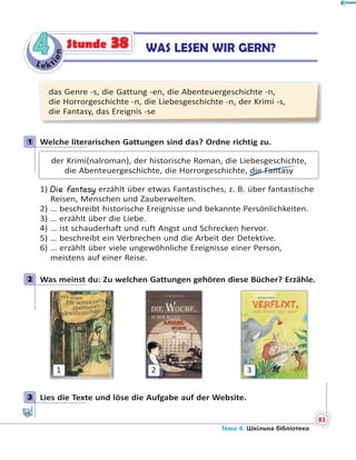 Le kt
ion
44 WAS LESEN WIR GERN?Stunde 38
das Genre -s, die Gattung -en, die Abenteuergeschichte -n,
die Horrorgeschichte -n, die Liebesgeschichte -n, der Krimi -s,
die Fantasy, das Ereignis -se
1 Welche literarischen Gattungen sind das? Ordne richtig zu.
der Krimi(nalroman), der historische Roman, die Liebesgeschichte,
die Abenteuergeschichte, die Horrorgeschichte, die Fantasy
1) Die Fantasy erzählt über etwas Fantastisches, z. B. über fantastische
Reisen, Menschen und Zauberwelten.
2) … beschreibt historische Ereignisse und bekannte Persönlichkeiten.
3) … erzählt über die Liebe.
4) … ist schauderhaft und ruft Angst und Schrecken hervor.
5) … beschreibt ein Verbrechen und die Arbeit der Detektive.
6) … erzählt über viele ungewöhnliche Ereignisse einer Person,
meistens auf einer Reise.
2 Was meinst du: Zu welchen Gattungen gehören diese Bücher? Erzähle.
1 2 3
3 Lies die Texte und löse die Aufgabe auf der Website.
1
2
3
Тема 4. Шкільна бібліотека
83
 