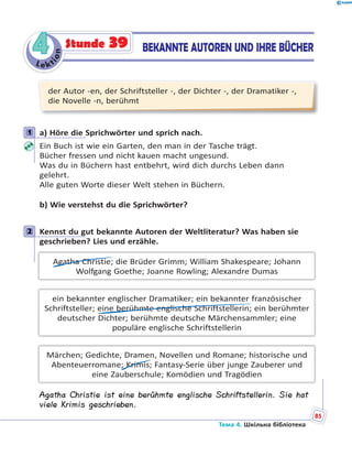 Le kt
ion
44 BEKANNTE AUTOREN UND IHRE BÜCHERStunde 39
der Autor -en, der Schriftsteller -, der Dichter -, der Dramatiker -,
die Novelle -n, berühmt
1 a) Höre die Sprichwörter und sprich nach.
Ein Buch ist wie ein Garten, den man in der Tasche trägt.
Bücher fressen und nicht kauen macht ungesund.
Was du in Büchern hast entbehrt, wird dich durchs Leben dann
gelehrt.
Alle guten Worte dieser Welt stehen in Büchern.
b) Wie verstehst du die Sprichwörter?
2 Kennst du gut bekannte Autoren der Weltliteratur? Was haben sie
geschrieben? Lies und erzähle.
Agatha Christie; die Brüder Grimm; William Shakespeare; Johann
Wolfgang Goethe; Joanne Rowling; Alexandre Dumas
ein bekannter englischer Dramatiker; ein bekannter französischer
Schriftsteller; eine berühmte englische Schriftstellerin; ein berühmter
deutscher Dichter; berühmte deutsche Märchensammler; eine
populäre englische Schriftstellerin
Märchen; Gedichte, Dramen, Novellen und Romane; historische und
Abenteuerromane; Krimis; Fantasy-Serie über junge Zauberer und
eine Zauberschule; Komödien und Tragödien
Agatha Christie ist eine berühmte englische Schriftstellerin. Sie hat
viele Krimis geschrieben.
1
2
Тема 4. Шкільна бібліотека
85
 