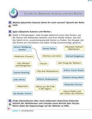 L e k
tion
44 Stunde 39. Bekannte Autoren und ihre BücherStunde 39. Bekannte Autoren und ihre Bücher
3 Welche bekannten Autoren könnt ihr noch nennen? Sprecht der Reihe
nach.
4 Spiel «Bekannte Autoren und Werke».
Spielt in Kleingruppen. Jede Gruppe bekommt einen Satz Karten, wo
die Namen der bekannten Autoren und ihrer Werke stehen. Das Ziel
des Spiels ist es, zusammenpassende Karten zu finden. Die Gruppe, die
alle Karten am schnellsten und dabei richtig zusammenlegt, gewinnt.
Johann Wolfgang
Goethe
William Shakespeare
Michail Bulgakow
Daniel Defoe
Arthur Conan Doyle
Joanne Rowling
Alexandre Dumas
Herbert Georg Wells
Jules Verne
die Brüder Grimm
«Faust»
«Romeo und Julia»
«Der Meister
und Margarita»
«Robinson Crusoe»
«Sherlock Holmes’
Abenteuer»
«Harry Potter und
der Orden des Phönix»
«Die drei Musketiere»
«Der Krieg der Welten»
«Reise um die Erde
in 80 Tagen»
«Rapunzel»
5 Finde Informationen über einen bekannten Autor/eine bekannte
Autorin der Weltliteratur und schreibe einen Bericht über ihn/sie.
Nimm dabei die Kopiervorlage auf der Website zu Hilfe.
3
4
5
86
Lektion 4. Schulbibliothek
 