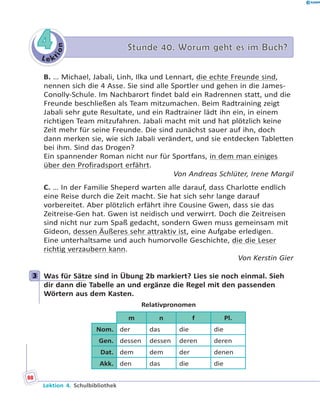L e k
tion
44 Stunde 40. Worum geht es im Buch?Stunde 40. Worum geht es im Buch?
B. … Michael, Jabali, Linh, Ilka und Lennart, die echte Freunde sind,
nennen sich die 4 Asse. Sie sind alle Sportler und gehen in die James-
Conolly-Schule. Im Nachbarort findet bald ein Radrennen statt, und die
Freunde beschließen als Team mitzumachen. Beim Radtraining zeigt
Jabali sehr gute Resultate, und ein Radtrainer lädt ihn ein, in einem
richtigen Team mitzufahren. Jabali macht mit und hat plötzlich keine
Zeit mehr für seine Freunde. Die sind zunächst sauer auf ihn, doch
dann merken sie, wie sich Jabali verändert, und sie entdecken Tabletten
bei ihm. Sind das Drogen?
Ein spannender Roman nicht nur für Sportfans, in dem man einiges
über den Profiradsport erfährt.
Von Andreas Schlüter, Irene Margil
C. … In der Familie Sheperd warten alle darauf, dass Charlotte endlich
eine Reise durch die Zeit macht. Sie hat sich sehr lange darauf
vorbereitet. Aber plötzlich erfährt ihre Cousine Gwen, dass sie das
Zeitreise-Gen hat. Gwen ist neidisch und verwirrt. Doch die Zeitreisen
sind nicht nur zum Spaß gedacht, sondern Gwen muss gemeinsam mit
Gideon, dessen Äußeres sehr attraktiv ist, eine Aufgabe erledigen.
Eine unterhaltsame und auch humorvolle Geschichte, die die Leser
richtig verzaubern kann.
Von Kerstin Gier
3 Was für Sätze sind in Übung 2b markiert? Lies sie noch einmal. Sieh
dir dann die Tabelle an und ergänze die Regel mit den passenden
Wörtern aus dem Kasten.
Relativpronomen
m n f Pl.
Nom. der das die die
Gen. dessen dessen deren deren
Dat. dem dem der denen
Akk. den das die die
3
88
Lektion 4. Schulbibliothek
 