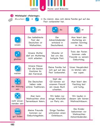 	Würfelspiel «Feiertage».
M u s t e r:   +    = Du meinst, dass sich deine Familie gut auf das
Fest vorbereitet hat.
  ich   du   er
 
wissen
Das beliebteste
Fest der
Deutschen ist
Weihachten.
Der
Adventskalender
entstand in
Deutschland.
Man feiert den
Muttertag am
zweiten Sonntag
im Mai.
 
glauben
Unsere Mutter
darf am Muttertag
nicht arbeiten.
Silvester ist
bei uns das
lustigste Fest.
Trotz der Ferien
kommen viele
Freunde zu seinem
Geburtstag.
 
meinen
Unsere Klasse
hat die besten
Kostüme für
den Karneval.
Deine Familie hat
sich gut auf das
Fest vorbereitet.
Unser Neujahrsfest
im letzten Jahr
war super.
 
der Meinung
sein
Die Deutschen
haben viele
schöne Traditionen.
Statt der
CD können wir
unserem Freund
ein neues Buch
schenken.
Man feiert den
Fasching laut
und lustig.
 
nicht einver-
standen sein
Man kann
Weihnachten ohne
Tannenbaum feiern.
Wir laden nur
einige Mitschüler
zur Party ein.
Wir kaufen in
diesem Jahr keinen
Weihnachtsbaum.
 
gut finden
Meine Freunde
kommen zur
Geburtstagsfeier.
Einige Familien
schmücken einen
Osterbaum.
Die Kinder
bekommen vor
Weihnachten
Adventskalender.
4Lektion Feste und Bräuche
102
 
