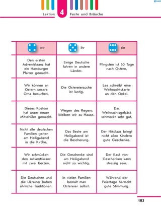   wir   ihr   sie
Den ersten
Adventskranz hat
ein Hamburger
Pfarrer gemacht.
Einige Deutsche
fahren in andere
Länder.
Pfingsten ist 50 Tage
nach Ostern.
Wir können an
Ostern unsere
Oma besuchen.
Die Ostereiersuche
ist lustig.
Lea schreibt eine
Weihnachtskarte
an den Onkel.
Dieses Kostüm
hat unser neuer
Mitschüler gemacht.
Wegen des Regens
bleiben wir zu Hause.
Das
Weihnachtsgebäck
schmeckt sehr gut.
Nicht alle deutschen
Familien gehen
am Heiligabend
in die Kirche.
Das Beste am
Heilig­abend ist
die Bescherung.
Der Nikolaus bringt
nicht allen Kindern
gute Geschenke.
Wir schmücken
den Adventskranz
mit zwei Kerzen.
Die Geschenke sind
am Heilig­abend
nicht so wichtig.
Der Kauf von
Geschenken kann
stressig sein.
Die Deutschen und
die Ukrainer haben
ähnliche Traditionen.
In vielen Familien
bemalt man
Ostereier selbst.
Während der
Feiertage herrscht
gute Stimmung.
4Lektion Feste und Bräuche
103
 