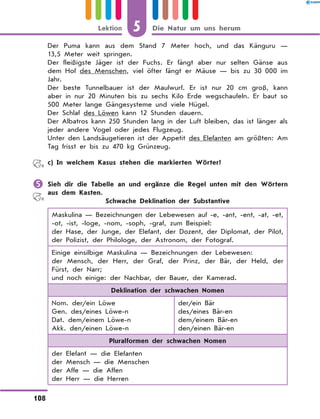 Der Puma kann aus dem Stand 7 Meter hoch, und das Känguru  —
13,5 Meter weit springen.
Der fleißigste Jäger ist der Fuchs. Er fängt aber nur selten Gänse aus
dem Hof des Menschen, viel öfter fängt er Mäuse — bis zu 30 000 im
Jahr.
Der beste Tunnelbauer ist der Maulwurf. Er ist nur 20 cm groß, kann
aber in nur 20 Minuten bis zu sechs Kilo Erde wegschaufeln. Er baut so
500 Meter lange Gängesysteme und viele Hügel.
Der Schlaf des Löwen kann 12 Stunden dauern.
Der Albatros kann 250 Stunden lang in der Luft bleiben, das ist länger als
jeder andere Vogel oder jedes Flugzeug.
Unter den Landsäugetieren ist der Appetit des Elefanten am größten: Am
Tag frisst er bis zu 470 kg Grünzeug.
	 c)	In welchem Kasus stehen die markierten Wörter?
	Sieh dir die Tabelle an und ergänze die Regel unten mit den Wörtern
aus dem Kasten.
Schwache Deklination der Substantive
Maskulina — Bezeichnungen der Lebewesen auf -e, -ant, -ent, -at, -et,
-ot, -ist, -loge, -nom, -soph, -graf, zum Beispiel:
der Hase, der Junge, der Elefant, der Dozent, der Diplomat, der Pilot,
der Polizist, der Philologe, der Astronom, der Fotograf.
Einige einsilbige Maskulina — Bezeichnungen der Lebewesen:
der Mensch, der Herr, der Graf, der Prinz, der Bär, der Held, der
Fürst, der Narr;
und noch einige: der Nachbar, der Bauer, der Kamerad.
Deklination der schwachen Nomen
Nom. der/ein Löwe
Gen. des/eines Löwe-n
Dat. dem/einem Löwe-n
Akk. den/einen Löwe-n
der/ein Bär
des/eines Bär-en
dem/einem Bär-en
den/einen Bär-en
Pluralformen der schwachen Nomen
der Elefant — die Elefanten
der Mensch — die Menschen
der Affe — die Affen
der Herr — die Herren
5
108
Lektion Die Natur um uns herum
 