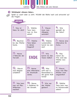	Würfelspiel «Unsere Natur».
Spielt zu zweit oder zu dritt. Würfelt der Reihe nach und antwortet auf
die Fragen.
ANFANG
1. Was ist
Natur für dich?
2. Welche
Tiere kann
man im Zoo
sehen?
3. Warum
muss man
Altpapier
sammeln?
4. Wie
genießt du
die  Natur?
14. Beschrei-
be das Wetter
heute.
15. Welche
Tiere leben
in deiner
Gegend?
16. Welche
Landschaften
kannst du nen-
nen?
5. Nenne eine
Alternative für
Autos.
13. Nenne
3 Rekorde der
Tierwelt. ENDE
17. Wie
kannst du den
Tieren helfen?
6. Was
meinst du:
Wie wird das
Wetter mor-
gen?
12. Warum
sind Abgase
schädlich?
19. Nenne
eine Alternative
für Atomkraft-
werke.
18. Was
wirft man in
Deutschland in
die grüne Müll-
tonne?
7. Warum
muss man Plas­
tiktüten nicht
wegwerfen?
11. Was kann
man mit Plas­
tikflaschen
machen?
10. Nenne
3 Gefahren für
die Umwelt.
9. Wie war
das Wetter
gestern?
8. Welche
Tiere kann man
im Schwarzwald
sehen?
5
124
Lektion Die Natur um uns herum
 