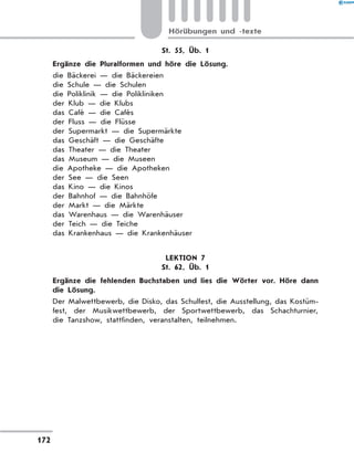 St. 55, Üb. 1
	 Ergänze die Pluralformen und höre die Lösung.
die Bäckerei — die Bäckereien
die Schule — die Schulen
die Poliklinik — die Polikliniken
der Klub — die Klubs
das Café — die Cafés
der Fluss — die Flüsse
der Supermarkt — die Supermärkte
das Geschäft — die Geschäfte
das Theater — die Theater
das Museum — die Museen
die Apotheke — die Apotheken
der See — die Seen
das Kino — die Kinos
der Bahnhof — die Bahnhöfe
der Markt — die Märkte
das Warenhaus — die Warenhäuser
der Teich — die Teiche
das Krankenhaus — die Krankenhäuser
LEKTION 7
St. 62, Üb. 1
	 Ergänze die fehlenden Buchstaben und lies die Wörter vor. Höre dann
die Lösung.
Der Malwettbewerb, die Disko, das Schulfest, die Ausstellung, das Kostüm­
fest, der Musikwettbewerb, der Sportwettbewerb, das  Schachturnier,
die Tanzshow, stattfinden, veranstalten, teilnehmen.
172
Hörübungen und -texte
 