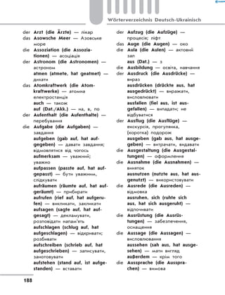 der	 Arzt (die Ärzte) — лікар
das	 Asowsche Meer — Азовське
море
die	 Assoziation (die Assozia­
tionen) — асоціація
der	 Astronom (die Astronomen) —
астроном
	 atmen (atmete, hat geatmet) —
дихати
das	 Atomkraftwerk (die Atom-
kraftwerke) — атомна
електростанція
	 auch — також
	 auf (Dat./Akk.) — на, в, по
der	 Aufenthalt (die Aufenthalte) —
перебування
die	 Aufgabe (die Aufgaben) —
завдання
	 aufgeben (gab auf, hat auf-
gegeben) — давати завдання;
відмовлятися від чогось
	 aufmerksam — уважний;
уважно
	 aufpassen (passte auf, hat auf-
gepasst) — бути уважним,
слідкувати
	 aufräumen (räumte auf, hat auf-
geräumt) — прибирати
	 aufrufen (rief auf, hat aufgeru-
fen) — викликати, закликати
	 aufsagen (sagte auf, hat auf-
gesagt) — декламувати,
розповідати напам’ять
	 aufschlagen (schlug auf, hat
aufgeschlagen) — відкривати;
розбивати
	 aufschreiben (schrieb auf, hat
aufgeschrieben) — записувати,
занотовувати
	 aufstehen (stand auf, ist aufge-
standen) — вставати
der	 Aufzug (die Aufzüge) —
процесія; ліфт
das	 Auge (die Augen) — око
die	 Aula (die Aulen) — актовий
зал
	 aus (Dat.) — з
die	 Ausbildung — освіта, навчання
der	 Ausdruck (die Ausdrücke) —
вираз
	 ausdrücken (drückte aus, hat
ausgedrückt) — виражати,
висловлювати
	 ausfallen (fiel aus, ist aus-
gefallen) — випадати; не
відбуватися
der	 Ausflug (die Ausflüge) —
екскурсія, прогулянка,
(коротка) подорож
	 ausgeben (gab aus, hat ausge-
geben) — витрачати, видавати
die	 Ausgestaltung (die Ausgestal-
tungen) — оформлення
die	 Ausnahme (die Ausnahmen) —
виняток
	 ausnutzen (nutzte aus, hat aus-
genutzt) — використовувати
die	 Ausrede (die Ausreden) —
відмовка
	 ausruhen, sich (ruhte sich
aus, hat sich ausgeruht) —
відпочивати
die	 Ausrüstung (die Ausrüs­
tungen) — забезпечення,
оснащення
die	 Aussage (die Aussagen) —
висловлювання
	 aussehen (sah aus, hat ausge-
sehen) — мати вигляд
	 außerdem — крім того
die	 Aussprache (die Ausspra-
chen) — вимова
188
Wörterverzeichnis Deutsch-Ukrainisch
 