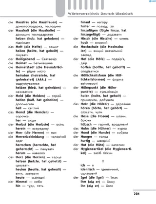 die	 Hausfrau (die Hausfrauen) —
домогосподарка, господиня
der	 Haushalt (die Haushalte) —
домашнє господарство
	 heben (hob, hat gehoben) —
піднімати
das	 Heft (die Hefte) — зошит
	 heilen (heilte, hat geheilt) —
лікувати
der	 Heiligabend — Святвечір
die	 Heimat — Батьківщина
die	 Heimatstadt (die Heimatstäd-
te) — рідне місто
	 heiraten (heiratete, hat
geheiratet) (Akk.) —
одружуватися
	 heißen (hieß, hat geheißen) —
називатися
der	 Held (die Helden) — герой
	 helfen (half, hat geholfen) —
допомагати
	 hell — світлий
das	 Hemd (die Hemden) —
сорочка
	 her — сюди
der	 Herbst (die Herbste) — осінь
	 herein — всередину
der	 Herr (die Herren) — пан
die	 Herrenbekleidung — чоловічий
одяг
	 herrschen (herrschte, hat
geherrscht) — панувати
	 herum — навколо
das	 Herz (die Herzen) — серце
	 hetzen (hetzte, hat gehetzt) —
цькувати
	 heulen (heulte, hat geheult) —
вити, завивати
	 heute — сьогодні
der	 Himmel — небо
	 hin — туди, геть
	 hinauf — нагору
	 hinter — позаду, за
	 hinzufügen (fügte hinzu, hat
hinzugefügt) — додавати
der	 Hirsch (die Hirsche) — олень
	 hoch — високий
die	 Hochschule (die Hochschu-
len) — вищий навчальний
заклад
der	 Hof (die Höfe) — подвір’я,
двір
	 hoffen (hoffte, hat gehofft) —
сподіватися
die	 Höflichkeitsform (die Höf-
lichkeitsformen) — форма
ввічливості
der	 Höhepunkt (die Höhe-
punkte) — кульмінація
	 holen (holte, hat geholt) —
приносити, добувати
das	 Holz (die Hölzer) — деревина
	 hören (hörte, hat gehört) —
слухати, чути
die	 Hose (die Hosen) — штани,
брюки
	 hübsch — гарний, вродливий
das	 Huhn (die Hühner) — курка
der	 Hund (die Hunde) — собака
der	 Hunger — голод
	 hurtig — швидкий
der	 Hut (die Hüte) — капелюх
der	 Hygieneartikel (die Hygienearti-
kel) — засіб гігієни
I
	 ich — я
	 identisch — ідентичний,
однаковий
der	 Igel (die Igel) — їжак
	 ihm (від er) — йому
	 ihn (від er) — його
201
Wörterverzeichnis Deutsch-Ukrainisch
 
