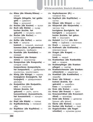 das	 Klima (die Klimata/Klimas) —
клімат
	 klingeln (klingelte, hat geklin-
gelt) — дзвонити
	 klug — розумний
der	 Knoten (die Knoten) — вузол
der	 Koch (die Köche) — кухар
	 kochen (kochte, hat
gekocht) — готувати; кипіти
der	 Kocher (die Kocher) —
кип’ятильник
der	 Koffer (die Koffer) — валіза
der	 Kohl — капуста
	 komisch — смішний, комічний
	 kommen (kam, ist gekommen) —
приїжджати, прибувати
die	 Komödie (die Komödien) —
комедія
der	 Komponist (die Kompo-
nisten) — композитор
das	 Kompositum (die Komposita) —
складне слово
	 kompostieren (kompostierte,
hat kompostiert) — удобрювати
компостом, компостувати
der	 König (die Könige) — король
	 konjugieren (konjugierte, hat
konjugiert) — дієвідмінювати
дієслова
die	 Konjunktion (die Konjunktio-
nen) — сполучник
	 können (konnte, hat
gekonnt) — уміти, могти
	 konzentrieren (konzentrierte,
hat konzentriert) — концен-
трувати
der	 Kopf (die Köpfe) — голова
die	 Kopfbedeckung — головний
убір
der	 Kopfhörer (die Kopfhörer) —
навушники
die	 Kopfschmerzen (Pl.) —
головний біль
das	 Kopftuch (die Kopftücher) —
хустка
der	 Körper (die Körper) — тіло
der	 Körperteil (die Körperteile) —
частина тіла
	 korrigieren (korrigierte, hat
korrigiert) — виправляти
	 kosten (kostete, hat gekos-
tet) — коштувати
das	 Kotelett [k1t'l*t] (die Kot-
letts) — відбивна з кісточкою
der	 Krach — скандал; тріск
das	 Kraftwerk (die Kraftwerke) —
електростанція
der	 Kragen (die Kragen) —
комірець
	 krank — хворий
das	 Krankenhaus (die Krankenhäu-
ser) — лікарня
der	 Krankenpfleger (die Kranken-
pfleger) — санітар
die	 Krankenschwester (die Kranken-
schwestern) — медсестра
die	 Krankheit (die Krankheiten) —
хвороба
der	 Kranz (die Kränze) — вінок
	 kratzen (kratzte, hat
gekratzt) — шкрябати
	 kraus — кучерявий
der	 Kreis (die Kreise) — коло
das	 Kreuz (die Kreuze) — хрест
das	 Kreuzworträtsel (die Kreuzwort-
rätsel) — кросворд
der	 Krimi (die Krimis) — детектив
(роман або фільм)
die	 Küche (die Küchen) — кухня
der	 Kuchen (die Kuchen) — пиріг
der	 Kugelschreiber (die Kugel-
schreiber) — кулькова ручка
204
Wörterverzeichnis Deutsch-Ukrainisch
 