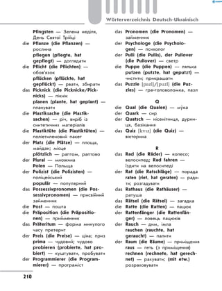 Pfingsten — Зелена неділя,
День Святої Трійці
die	 Pflanze (die Pflanzen) —
рослина
	 pflegen (pflegte, hat
gepflegt) — доглядати
die	 Pflicht (die Pflichten) —
обов’язок
	 pflücken (pflückte, hat
gepflückt) — рвати, збирати
das	 Picknick (die Picknicke/Pick-
nicks) — пікнік
	 planen (plante, hat geplant) —
планувати
die	 Plastiksache (die Plastik-
sachen) — річ, виріб із
синтетичних матеріалів
die	 Plastiktüte (die Plastiktüten) —
поліетиленовий пакет
der	 Platz (die Plätze) — площа,
майдан; місце
	 plötzlich — раптом, раптово
der	 Plural — множина
	 Polen — Польща
der	 Polizist (die Polizisten) —
поліцейський
	 populär — популярний
das	 Possessivpronomen (die Pos-
sessivpronomen) — присвійний
займенник
die	 Post — пошта
die	 Präposition (die Präpositio-
nen) — прийменник
das	 Präteritum — форма минулого
часу претерит
der	 Preis (die Preise) — ціна; приз
	 prima — чудовий; чудово
	 probieren (probierte, hat pro-
biert) — куштувати, пробувати
der	 Programmierer (die Program-
mierer) — програміст
das	 Pronomen (die Pronomen) —
займенник
der	 Psychologe (die Psycholo-
gen) — психолог
der	 Pulli (die Pullis), der Pullover
(die Pullover) — светр
die	 Puppe (die Puppen) — лялька
	 putzen (putzte, hat geputzt) —
чистити; прикрашати
das	 Puzzle [pazl]/[puzl] (die Puz-
zles) — гра-головоломка, пазл
Q
die	 Qual (die Qualen) — мýка
der	 Quark — сир
der	 Quatsch — нісенітниця, дурни-
ця, базікання
das	 Quiz [kvz] (die Quiz) —
вікторина
R
das	 Rad (die Räder) — колесо;
велосипед; Rad fahren —
їздити на велосипеді
der	 Rat (die Ratschläge) — порада
	 raten (riet, hat geraten) — ра­ди­
ти; розгадувати
das	 Rathaus (die Rathäuser) —
ратуша
das	 Rätsel (die Rätsel) — загадка
die	 Ratte (die Ratten) — пацюк
der	 Rattenfänger (die Rattenfän-
ger) — ловець пацюків
der	 Rauch — дим, імла
	 rauchen (rauchte, hat
ge­raucht) — палити
der	 Raum (die Räume) — приміщення
	 raus — геть (з приміщення)
	 rechnen (rechnete, hat gerech-
net) — рахувати; (mit etw.)
розраховувати
210
Wörterverzeichnis Deutsch-Ukrainisch
 