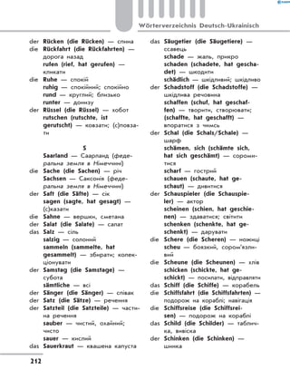 der	 Rücken (die Rücken) — спина
die	 Rückfahrt (die Rückfahrten) —
дорога назад
	 rufen (rief, hat gerufen) —
кликати
die	 Ruhe — спокій
	 ruhig — спокійний; спокійно
	 rund — круглий; близько
	 runter — донизу
der	 Rüssel (die Rüssel) — хобот
	 rutschen (rutschte, ist
gerutscht) — ковзати; (c)повза-
ти
S
	 Saarland — Саарланд (феде-
ральна земля в Німеччині)
die	 Sache (die Sachen) — річ
	 Sachsen — Саксонія (феде-
ральна земля в Німеччині)
der	 Saft (die Säfte) — сік
	 sagen (sagte, hat gesagt) —
(с)казати
die	 Sahne — вершки, сметана
der	 Salat (die Salate) — салат
das	 Salz — сіль
	 salzig — солоний
	 sammeln (sammelte, hat
gesammelt) — збирати; колек-
ціонувати
der	 Samstag (die Samstage) —
субота
	 sämtliche — всі
der	 Sänger (die Sänger) — співак
der	 Satz (die Sätze) — речення
der	 Satzteil (die Satzteile) — части-
на речення
	 sauber — чистий, охайний;
чисто
	 sauer — кислий
das	 Sauerkraut — квашена капуста
das	 Säugetier (die Säugetiere) —
ссавець
	 schade — жаль, прикро
	 schaden (schadete, hat gescha-
det) — шкодити
	 schädlich — шкідливий; шкідливо
der	 Schadstoff (die Schadstoffe) —
шкідлива речовина
	 schaffen (schuf, hat geschaf-
fen) — творити, створювати;
(schaffte, hat geschafft) —
впоратися з чимсь
der	 Schal (die Schals/Schale) —
шарф
	 schämen, sich (schämte sich,
hat sich geschämt) — сороми-
тися
	 scharf — гострий
	 schauen (schaute, hat ge-
schaut) — дивитися
der	 Schauspieler (die Schauspie-
ler) — актор
	 scheinen (schien, hat geschie-
nen) — здаватися; світити
	 schenken (schenkte, hat ge-
schenkt) — дарувати
die	 Schere (die Scheren) — ножиці
	 scheu — боязкий, сором’яз­ли­
вий
die	 Scheune (die Scheunen) — хлів
	 schicken (schickte, hat ge-
schickt) — посилати, відправляти
das	 Schiff (die Schiffe) — корабель
die	 Schiffsfahrt (die Schiffsfahrten) —
подорож на кораблі; навігація
die	 Schiffsreise (die Schiffsrei-
sen) — подорож на кораблі
das	 Schild (die Schilder) — таблич-
ка, вивіска
der	 Schinken (die Schinken) —
шинка
212
Wörterverzeichnis Deutsch-Ukrainisch
 