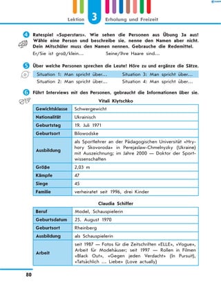 	Ratespiel «Superstars». Wie sehen die Personen aus Übung 3a aus?
Wähle eine Person und beschreibe sie, nenne den Namen aber nicht.
Dein Mitschüler muss den Namen nennen. Gebrauche die Redemittel.
Er/Sie ist groß/klein…		 Seine/Ihre Haare sind…
	Über welche Personen sprechen die Leute? Höre zu und ergänze die Sätze.
Situation 1: Man spricht über… Situation 3: Man spricht über…
Situation 2: Man spricht über… Situation 4: Man spricht über…
	Führt Interviews mit den Personen, gebraucht die Informationen über sie.
Vitali Klytschko
Gewichtsklasse Schwergewicht
Nationalität Ukrainisch
Geburtstag 19. Juli 1971
Geburtsort Bilowodske
Ausbildung
als Sportlehrer an der Pädagogischen Universität «Hry-
hory Skovoroda» in Perejaslaw-Chmelnyzky (Ukraine)
mit Auszeichnung; im Jahre 2000 — Doktor der Sport-
wissenschaften
Größe 2,03 m
Kämpfe 47
Siege 45
Familie verheiratet seit 1996, drei Kinder
Claudia Schiffer
Beruf Model, Schauspielerin
Geburtsdatum 25. August 1970
Geburtsort Rheinberg
Ausbildung als Schauspielerin
Arbeit
seit 1987 — Fotos für die Zeitschriften «ELLE», «Vogue»,
Arbeit für Modehäuser; seit 1997 — Rollen in Filmen
«Black Out», «Gegen jeden Verdacht» (In  Pursuit),
«Tatsächlich … Liebe» (Love actually)
3Lektion Erholung und Freizeit
80
 