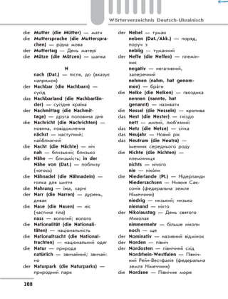 die	 Mutter (die Mütter) — мати
die	 Muttersprache (die Mutterspra-
chen) — рідна мова
der	 Muttertag — День матері
die	 Mütze (die Mützen) — шапка
N
	 nach (Dat.) — після, до (вказує
напрямок)
der	 Nachbar (die Nachbarn) —
сусід
das	 Nachbarland (die Nachbarlän-
der) — сусідня країна
der	 Nachmittag (die Nachmit-
tage) — друга половина дня
die	 Nachricht (die Nachrichten) —
новина, повідомлення
	 nächst — наступний;
найближчий
die	 Nacht (die Nächte) — ніч
	 nah — близький; близько
die	 Nähe — близькість; in der
Nähe von (Dat.) — поблизу
(чогось)
die	 Nähnadel (die Nähnadeln) —
голка для шиття
die	 Nahrung — їжа, харчі
der	 Narr (die Narren) — дурень,
дивак
die	 Nase (die Nasen) — ніс
(частина тіла)
	 nass — вологий; волого
die	 Nationalität (die Nationali-
täten) — національність
die	 Nationaltracht (die National-
trachten) — національний одяг
die	 Natur — природа
	 natürlich — звичайний; звичай-
но
der	 Naturpark (die Naturparks) —
природний парк
der	 Nebel — туман
	 neben (Dat./Akk.) — поряд,
поруч з
	 neblig — туманний
der	 Neffe (die Neffen) — племін-
ник
	 negativ — негативний,
заперечний
	 nehmen (nahm, hat genom-
men) — брáти
die	 Nelke (die Nelken) — гвоздика
	 nennen (nannte, hat
genannt) — називати
die	 Nessel (die Nesseln) — кропива
das	 Nest (die Nester) — гніздо
	 nett — милий, люб’язний
das	 Netz (die Netze) — сітка
das	 Neujahr — Новий рік
das	 Neutrum (die Neutra) —
іменник середнього роду
die	 Nichte (die Nichten) —
племінниця
	 nichts — нічого
	 nie — нікóли
die	 Niederlande (Pl.) — Нідерланди
	 Niedersachsen — Нижня Сак-
сонія (федеральна земля
Німеччини)
	 niedrig — низький; низько
	 niemand — ніхто
der	 Nikolaustag — День святого
Миколая
	 nimmermehr — більше ніколи
	 noch — ще
der	 Nominativ — називний відмінок
der	 Norden — північ
der	 Nordosten — північний схід
	 Nordrhein-Westfalen — Північ-
ний Рейн-Вестфалія (федеральна
земля Німеччини)
die	 Nordsee — Північне море
208
Wörterverzeichnis Deutsch-Ukrainisch
 