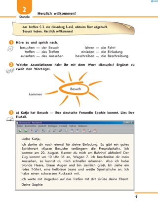 Herzlich willkommen!
	das Treffen (–), die Einladung (-en), abholen (hat abgeholt),
Besuch haben, Herzlich willkommen!
	Höre zu und sprich nach.
	 besuchen — der Besuch	 fahren — die Fahrt
	 treffen — das Treffen	 einladen — die Einladung
	 aussehen — das Aussehen	 beschreiben — die Beschreibung
	Welche Assoziationen habt ihr mit dem Wort «Besuch»? Ergänzt zu
zweit den Wort-Igel.
Besuch
kommen
	a) Katja hat Besuch — ihre deutsche Freundin Sophie kommt. Lies ihre
E-Mail.
Liebe Katja,
ich danke dir noch einmal für deine Einladung. Es gibt ein gutes
Sprichwort «Kurze Besuche verlängern die Freundschaft». Ich
komme am 20. August. Kannst du mich am Bahnhof abholen? Der
Zug kommt um 10 Uhr 35 an, Wagen 7. Ich beschreibe dir mein
Aussehen, so kannst du mich schneller erkennen. Also ich habe
blonde Haare, blaue Augen und bin ziemlich groß. Ich ziehe ein
rotes T-Shirt, eine hellblaue Jeans und weiße Sportschuhe an. Ich
habe einen schwarzen Rucksack mit.
Ich warte mit Ungeduld auf das Treffen mit dir! Grüße deine Eltern!
Deine Sophie
9
Stunde
2
 