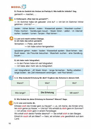 M O D U L [fp
B. Finde im Gedicht die Verben im Partizip II. Wie heiBt ihr Infinitiv? Sag.
gemacht — machen, ...
2. Kettenspiel „Was hast du gemacht?“.
— Im Sommer habe ich gebadet. Und du? — Ich bin im Sommer Inliner
gefahren. Und du? — ...
baden / Inliner fahren / malen / Wasserbaii spielen / Muscheln suchen /
Fotos machen / Sandburgen bauen / Musik horen / zelten / im Internet
surfen / basteln / turnen / tanzen / Rad fahren /...
3. Lest und macht weitere Dialoge.
A. Ich habe das schon gemacht
fernsehen: — Peter, sieh fern!
— Ich habe schon ferngesehen.
spazieren gehen / malen / baden / Wasserbaii spielen / Boot fahren / das
Buch lesen / die Freunde besuchen / Muscheln suchen / eine Sandburg
bauen /...
B. Ich habe mehr fotografiert.
— In den Ferien habe ich viel fotografiert.
— Ich habe aber mehr als du fotografiert.
viel fotografieren / oft Musik horen / lange fernsehen / fleiBig arbeiten /
lange baden / die Zeit interessant verbringen / weit Rad fahren /...
4. A. Was bedeutet Erholung fur dich? Erganze das Schema in deinem Heft.
B. Wie findest du deine Erholung im Sommer? Warum? Sage.
5. A. Lies und merke dir.
Erholen sich die Kinder gem zu Hause? — Ja, ich meine, die Kinder erho-
len sich gerne zu Hause. — Und du? Wo erholst du dich gem im Sommer?
— Ich erhole mich gem in einem Ferienlager.
Wo erholt sich deine Familie diesmal? — Sie erhoit sich in den Bergen.
Erholt ihr euch oft am Meer? — Nein, wir erholen uns gewohnlich auf dem
Land.
10
 