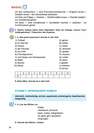 M O D U L [fp
mit den Lehrbuchern — eine Fremdsprachenstunde — Englisch lernen -
Deutsch lernen / den Deutschklub besuchen
mit Holz und Papier — Werken — Schiffmodelie bauen — Roboter basteln /
zur Ausstellung gehen
mit Sand — eine Kunststunde — Sandbilder machen — zeichnen / ins
Kunstmuseum gehen
6. Welche Hobbys haben deine Mitschuler? Mach die Umfrage „Unsere Top-5
LiebIingshobbys“. Prasentiere dein Ergebnis.
1. A. Was passt zusammen? Schreib in dein Heft.
1) FuBball A) gehen
2) im Internet B) treffen
3) Klavier C) horen
4) die Freunde D) zeichnen
5) ins Cafe E) spielen
6) Fremdsprachen F) machen
7) viel Neues und Interessantes Q) surfen
8) Bilder H) lesen
9) Bucher I) spielen
0) Musik J) erfahren
K) lernen
1 2 3 4 5 6 7 8 9 10
E
B. Bilde Satze. Schreib sie in dein Heft.
STUNDE 7. INTERESSANTE HOBBYS
lehrreich, merkwurdig, extrem, spannend, anstrengend, faszinierend,
langweilig
1. A. Lies das Elfchen vor.
Hobby
interessant, lehrreich
lesen, malen, fotografieren
Ich gehe gern spazieren.
Vergnugen
B. Schreib dein Elfchen ,,Hobby“.
28
 