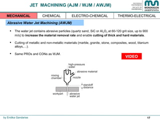 17
JET MACHINING (AJM / WJM / AWJM)
Abrasive Water Jet Machining (AWJM)
 The water jet contains abrasive particles (quartz sand, SiC or Al2O3 at 60-120 grit size, up to 900
m/s) to increase the material removal rate and enable cutting of thick and hard materials.
 Cutting of metallic and non-metallic materials (marble, granite, stone, composites, wood, titanium
alloys,…).
 Same PROs and CONs as WJM.
by Endika Gandarias
THERMO-ELECTRICALMECHANICAL CHEMICAL ELECTRO-CHEMICAL
VIDEO
 