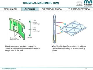 21
CHEMICAL MACHINING (CM)
Missile skin-panel section contoured by
chemical milling to improve the stiffness-to-
weight ratio of the part.
Weight reduction of space-launch vehicles
by the chemical milling of aluminum-alloy
plates.
by Endika Gandarias
CHEMICAL THERMO-ELECTRICALMECHANICAL ELECTRO-CHEMICAL
 