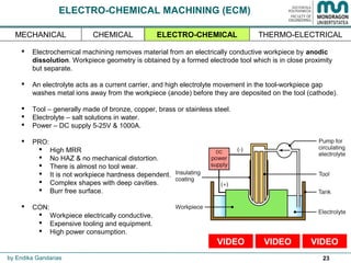 23
ELECTRO-CHEMICAL MACHINING (ECM)
 Electrochemical machining removes material from an electrically conductive workpiece by anodic
dissolution. Workpiece geometry is obtained by a formed electrode tool which is in close proximity
but separate.
 An electrolyte acts as a current carrier, and high electrolyte movement in the tool-workpiece gap
washes metal ions away from the workpiece (anode) before they are deposited on the tool (cathode).
 Tool – generally made of bronze, copper, brass or stainless steel.
 Electrolyte – salt solutions in water.
 Power – DC supply 5-25V & 1000A.
 PRO:
 High MRR
 No HAZ & no mechanical distortion.
 There is almost no tool wear.
 It is not workpiece hardness dependent.
 Complex shapes with deep cavities.
 Burr free surface.
 CON:
 Workpiece electrically conductive.
 Expensive tooling and equipment.
 High power consumption.
by Endika Gandarias
ELECTRO-CHEMICAL THERMO-ELECTRICALCHEMICALMECHANICAL
VIDEOVIDEOVIDEO
 
