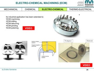 24
ELECTRO-CHEMICAL MACHINING (ECM)
by Endika Gandarias
ELECTRO-CHEMICAL THERMO-ELECTRICALCHEMICALMECHANICAL
Its industrial application has been extended to:
•ECM machining
•ECM drilling
•ECM deburring
•ECM grinding
•ECM polishing
VIDEO
VIDEO
 