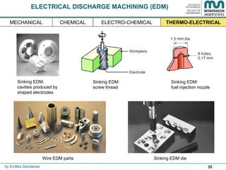 35
ELECTRICAL DISCHARGE MACHINING (EDM)
by Endika Gandarias
Sinking EDM dieWire EDM parts
Sinking EDM:
screw thread
Sinking EDM:
cavities produced by
shaped electrodes
Sinking EDM:
fuel injection nozzle
THERMO-ELECTRICALMECHANICAL ELECTRO-CHEMICALCHEMICAL
 