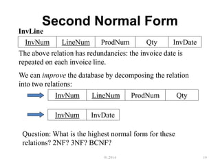 Second Normal Form
91.2914 19
LineNum ProdNum Qty
InvNum InvDate
InvLine
The above relation has redundancies: the invoice date is
repeated on each invoice line.
We can improve the database by decomposing the relation
into two relations:
LineNum ProdNum Qty
InvNum
InvDate
InvNum
Question: What is the highest normal form for these
relations? 2NF? 3NF? BCNF?
 