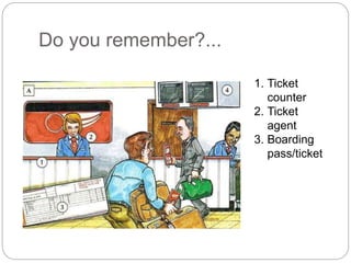 Do you remember?... 
1. Ticket 
counter 
2. Ticket 
agent 
3. Boarding 
pass/ticket 
 