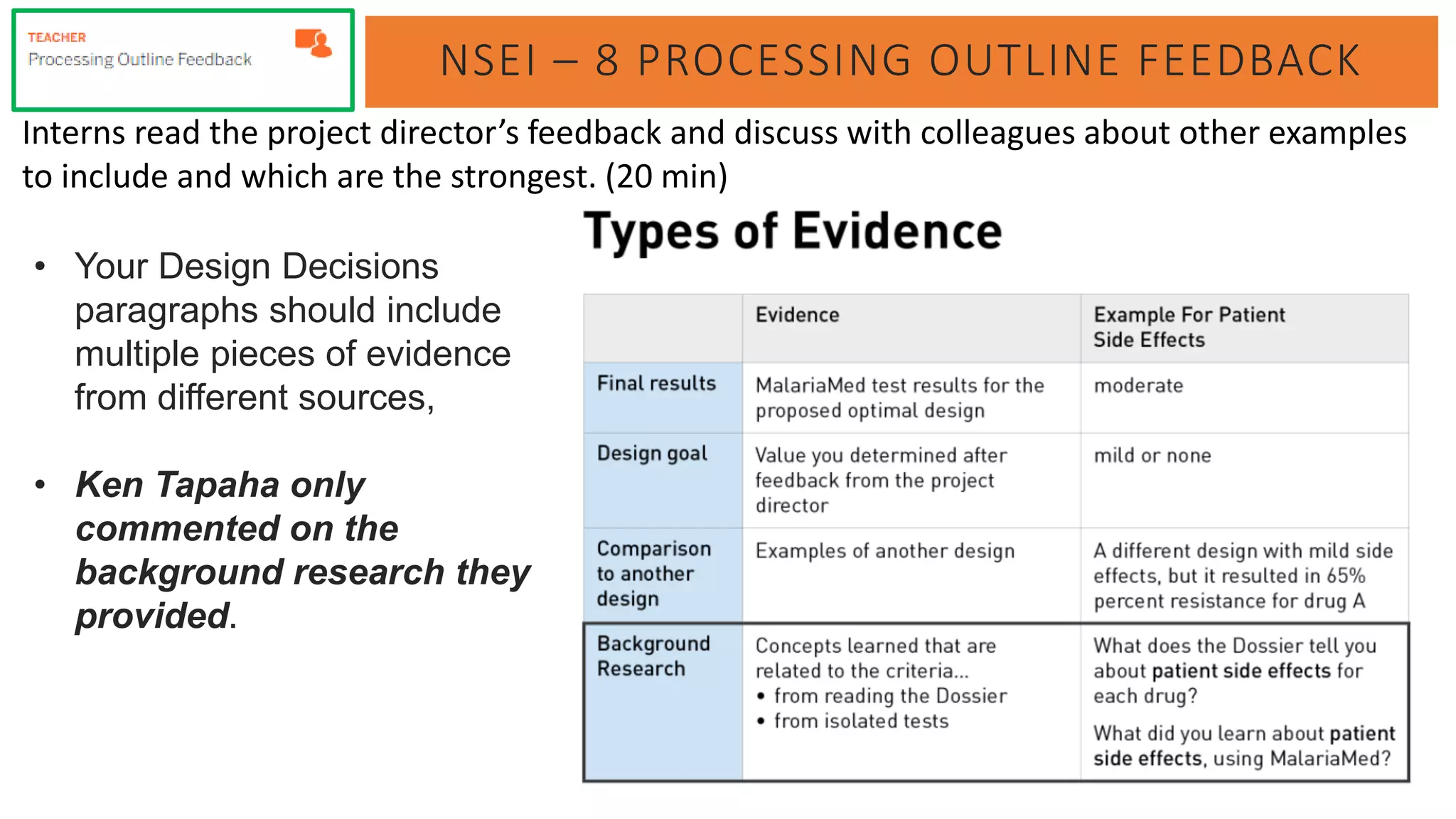 NSEI – 8 PROCESSING OUTLINE FEEDBACK
Interns read the project director’s feedback and discuss with colleagues about other examples
to include and which are the strongest. (20 min)
• Your Design Decisions
paragraphs should include
multiple pieces of evidence
from different sources,
• Ken Tapaha only
commented on the
background research they
provided.
 