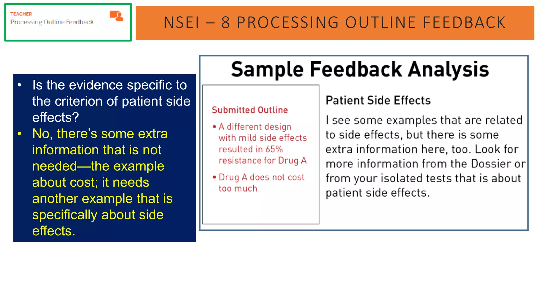 NSEI – 8 PROCESSING OUTLINE FEEDBACK
• Is the evidence specific to
the criterion of patient side
effects?
• No, there’s some extra
information that is not
needed—the example
about cost; it needs
another example that is
specifically about side
effects.
 