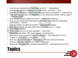 •   How do you facilitate the “Fish Bowl” activity? – TodaysMeet
•   How do you gather information from students, real-time? – Poll
•   How do you facilitate or control the sharing media of projects? – Embedding
•   What technology tools are necessary to be addressed before “being vague”?
    – Planning Docs
•   How do you assess digital products? – Rubric Development
•   How do you recommend accounts to be setup for students? Especially
    elementary? – EULA
•   How do I begin to catch-up quickly? – Backwards Design
•   How can students narrate media that is not their own? – Using
    iMovie/MovieMaker
•   What resources are on your website? – Let’s look…
•   What happens when WiFi goes down? – Contingency
•   How do we give access to videos to people? – Truncate/QR  Drive
•   To pay or not to pay? – It depends
•   How do you promote digital citizenship? – Policies and procedures
•   How do you make the case for tech? – Because.
•   Where do you start when implementing BYOD? – Management and Use


Topics
 