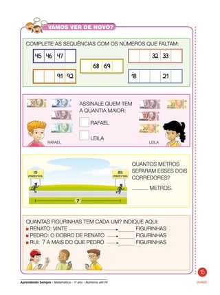 Aprendendo Sempre – Matemática – 1o
ano – Números até 99
COMPLETE AS SEQUÊNCIAS COM OS NÚMEROS QUE FALTAM:
	 QUANTAS FIGURINHAS TEM CADA UM? INDIQUE AQUI:
RENATO: VINTE				 FIGURINHAS
PEDRO: O DOBRO DE RENATO		 FIGURINHAS
RUI: 7 A MAIS DO QUE PEDRO		 FIGURINHAS
QUINZE
	 45	 46	 47	
	 	 	 91	 92
	 	 68	 69	
	 18	 		 21	
	 ASSINALE QUEM TEM
	 A QUANTIA MAIOR:
	 RAFAEL
	 LEILA
RAFAEL LEILA
	 QUANTOS METROS
	 SEPARAM ESSES DOIS
	 CORREDORES?
METROS.
15
	 	 	 32	 33	
 