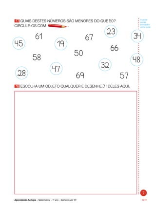 Aprendendo Sempre – Matemática – 1o
ano – Números até 99
17 QUAIS DESTES NÚMEROS SÃO MENORES DO QUE 50?
CIRCULE-OS COM	 .
SETE
18 ESCOLHA UM OBJETO QUALQUER E DESENHE 34 DELES AQUI.
Invente
outras
atividades
como esta.
45
28
47
32
19
69
61 67
50
58
57
66
23
34
48
7
 