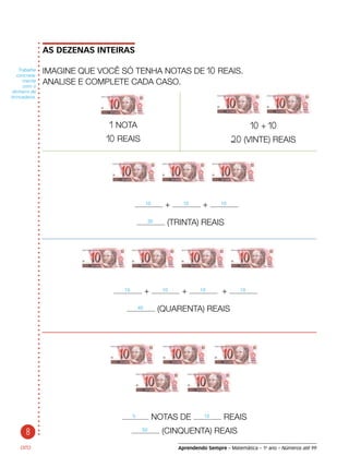 Aprendendo Sempre – Matemática – 1o
ano – Números até 99
AS DEZENAS INTEIRAS
IMAGINE QUE VOCÊ SÓ TENHA NOTAS DE 10 REAIS.
ANALISE E COMPLETE CADA CASO.
OITO
10 + 10 + 10 + 10
40 (QUARENTA) REAIS
Trabalhe
concreta-
mente
com o
dinheiro de
brincadeira.
1 NOTA
10 REAIS
10 + 10
20 (VINTE) REAIS
10 + 10 + 10
30 (TRINTA) REAIS
5 NOTAS DE 10 REAIS
50 (CINQUENTA) REAIS8
 