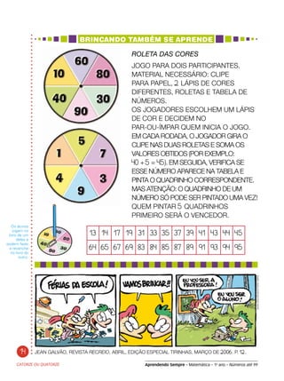 Aprendendo Sempre – Matemática – 1o
ano – Números até 99
13 14 17 19 31 33 35 37 39 41 43 44 45
64 65 67 69 83 84 85 87 89 91 93 94 95
ROLETA DAS CORES
JOGO PARA DOIS PARTICIPANTES.
MATERIAL NECESSÁRIO: CLIPE
PARA PAPEL, 2 LÁPIS DE CORES
DIFERENTES, ROLETAS E TABELA DE
NÚMEROS.
OS JOGADORES ESCOLHEM UM LÁPIS
DE COR E DECIDEM NO
PAR-OU-ÍMPAR QUEM INICIA O JOGO.
EM CADA RODADA, O JOGADOR GIRA O
CLIPE NAS DUAS ROLETAS E SOMA OS
VALORES OBTIDOS (POR EXEMPLO:
40 + 5 = 45). EM SEGUIDA, VERIFICA SE
ESSE NÚMERO APARECE NA TABELA E
PINTA O QUADRINHO CORRESPONDENTE.
MAS ATENÇÃO: O QUADRINHO DE UM
NÚMERO SÓ PODE SER PINTADO UMA VEZ!
QUEM PINTAR 5 QUADRINHOS
PRIMEIRO SERÁ O VENCEDOR.
CATORZE OU QUATORZE
Os alunos
jogam no
livro de um
deles e
podem fazer
a revanche
no livro do
outro.
14 JEAN GALVÃO, REVISTA RECREIO, ABRIL, EDIÇÃO ESPECIAL TIRINHAS, MARÇO DE 2006. P. 12.
JEANGALVÃO/EDITORAABRIL
 