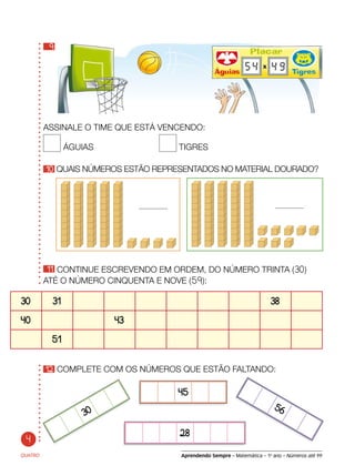 Aprendendo Sempre – Matemática – 1o
ano – Números até 99
4
QUATRO
ASSINALE O TIME QUE ESTÁ VENCENDO:
ÁGUIAS	 TIGRES
10 QUAIS NÚMEROS ESTÃO REPRESENTADOS NO MATERIAL DOURADO?
11 CONTINUE ESCREVENDO EM ORDEM, DO NÚMERO TRINTA (30)
ATÉ O NÚMERO CINQUENTA E NOVE (59):
12 COMPLETE COM OS NÚMEROS QUE ESTÃO FALTANDO:
30 31 38
40 43
51
9
	
	
	
30	
	
	 	 	 45	 	
	
	
	
56	
	 			 28	
 