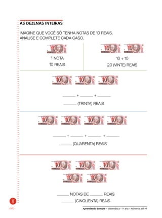 Aprendendo Sempre – Matemática – 1o
ano – Números até 99
AS DEZENAS INTEIRAS
IMAGINE QUE VOCÊ SÓ TENHA NOTAS DE 10 REAIS.
ANALISE E COMPLETE CADA CASO.
OITO
+ + +
(QUARENTA) REAIS
1 NOTA
10 REAIS
10 + 10
20 (VINTE) REAIS
+ +
(TRINTA) REAIS
NOTAS DE REAIS
(CINQUENTA) REAIS8
 