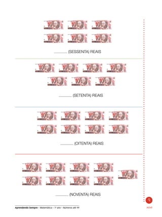 Aprendendo Sempre – Matemática – 1o
ano – Números até 99 NOVE
(SESSENTA) REAIS
(SETENTA) REAIS
(OITENTA) REAIS
(NOVENTA) REAIS
9
 