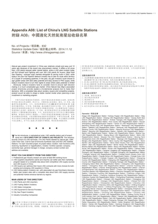 附录 A08: 中国液化天然气卫星站收录名单　Appendix A08: List of China's LNG Satellite Stations • 1
Appendix A08: List of China's LNG Satellite Stations
附录 A08：中国液化天然气卫星站收录名单
No. of Projects / 项目数：832
Statistics Update Date / 统计截止时间：2014.11.12
Source / 来源：http://www.chinagasmap.com
Natural gas project investment in China was relatively simple and easy just 10
years ago because of the brand new downstream market. It differs a lot since
then: LNG plants enjoyed seller market before, while a LNG plant investor today
will find himself soon fighting with over 300 LNG plants for buyers; West East
Gas Pipeline 1 enjoyed virgin markets alongside its paving route in 2002, while
today's Xin-Zhe-Yue Pipeline Network investor has to plan its route within territory
of a couple of competing pipelines; In the past, city gas investors could choose to
sign golden areas with best sales potential and easy access to PNG supply, while
today's investors have to turn their sights to areas where sales potential is limited
...Obviously, today's investors have to consider more to ensure right decision
making in a much complicated gas market. China Natural Gas Map's associated
project directories provide readers a fundamental analysis tool to make their
decisions. With a completed idea about venders, buyers and competitive projects,
analyst would be able to shape a better market model when planning a new
investment or marketing program.
　　中国天然气市场发展的早期阶段，培育市场是投资者业务的主旋律，投资决策
和市场占领往往更加简单。时至今日，多种因素正在改变这一情况：10 年前，LNG
厂商更容易操控买家，今天，投资者将发现自己的 LNG 厂很快会和超过 300 家厂
商共同竞争买家；10 年前，西气东输一线沿线几乎均为空白市场，今天，新浙粤管
网的投资者将发现沿线非但早已部署有多条竞争性管道，且主要竞争者在下游城市
燃气版块已成为第一集团成员；10 年前，城市燃气投资者可在全国范围优先选择
经济和人口优势兼备的黄金宝地，今天，新的投资者往往不得不把目光转向远离长
输管线、售气潜力有限的三线城区……中国天然气投资事业动辄以亿为单位。面对
更加复杂的投资环境，空谈宏观将导致高概率的决策误判！中华天然气全图、配套
项目名录和行业报告编委为读者提供成规模的基础项目数据。项目规划的分析团队
可在此基础上，自下而上地建立更完整的市场模型，帮助投资者谨慎决策。
★　　★　　★　　★　　★
his list introduces, in alphabetical order, LNG satellite station part of project
name list in 2015 DIRECTORY OF CHINA'S LNG PROJECTS. This directory
records China's 43 LNG terminals, 319 LNG Plants (feeded by natural gas, CBM,
Coke Oven Gas, Coal-to-Gas & Ammonia Synthesis Gas) and 832 LNG Satellite
Stations. For each recorded project, its project status, location, main functions (LNG
receiving, liquefaction or regasiﬁcation), investor, frontline operator, company
ownership type, general manager in charge, company contact number and
address are available.
WHAT YOU CAN BENEFIT FROM THIS DIRECTORY
1. Professional gas industry analyst can save at least 900 working hours;
2. LNG suppliers (liquefaction plants and imports) can better plan their marketing
program based on a complete idea about both competitive LNG supply sources
and LNG buyers in China;
3. LNG buyers can optimize their future LNG contracts with more choices for both
existing and emerging LNG suppliers in China;
4. LNG fueling station investors can, with associated city gas franchisers directory,
better plan project sites with a complete idea about both LNG supply sources
and potential market entrance barriers by regions.
MAIN USERS OF THIS DIRECTORY
1. LNG Plants and LNG importers
2. LNG Fueling Station Investors
3. LNG Sales Companies
4. LNG Equipment & Service Providers
5. City Gas Project Investors
6. Industry Consulting Companies
　　文件为《中国液化天然气项目名录 2015》LNG 卫星站部分按首字母顺序排列之
　　名单。该名录包括中国 43 个海基（内河）LNG 接收站和中转站，319 个液化装
置（原料气包括常规天然气、煤层气、焦炉煤气、煤制天然气和合成氨尾气等）和
832 个 LNG 卫星站的投产状态、所处地理位置、装置的主要功能（接收、液化及气化）、
控股投资者（上级管理机构）及一线运营单位的当前主官经理、公司企业所有制类
型和联系方式。
这套名录的作用
1. 在基础数据收集验证层面为您的专业信息团队节省 900 小时之工作量，使您更严
谨地构建中国 LNG 市场分析框架，避免空谈宏观导致决策误判；
2. 使 LNG 生产商和进口商了解 LNG 买家和竞争性 LNG 供气源的最新分布；
3. 使 LNG 采购商便于挑选更具地缘优势的供气源，优化未来供气合同；
4. 结合中国城市特许经营区名录时，LNG 加气站项目的新投资者在选址时可以对供
气条件和潜在地域准入壁垒建立初步的框架性认识。
这套名录主要用户
1. LNG 厂、接收站投资者
2. LNG 加气站的投资者
3. LNG 销售公司
4. LNG 低温设备和服务提供商
5. 需多渠道气源的城市燃气公司
6. 进行信息再加工的行业咨询机构
Namelist / 项目名单
Abaga LNG Regasiﬁcation Station • Acheng Yinglian LNG Regasiﬁcation Station • Altay
LNG Regasiﬁcation Station • Ankang LNG Regasiﬁcation Station • Anqing North New
District LNG Regasification Station • Anshan Towngas LNG Regasification Station •
Anshun LNG Regasiﬁcation Station • Anxi County LNG Regasiﬁcation Station • Anyuan
Shengbang LNG Regasification Station • Aohan Qi LNG Regasification Station •
Baicheng Industry Park LNG Regasification Station • Baishishan LNG Regasification
Station • Bakeshu LNG Regasiﬁcation Station • Banliyuan LNG Regasiﬁcation Station •
Baoqing County LNG Regasification Station • Baoying Aluminum LNG Regasification
Station • Baoying LNG Regasification Station • Barkam LNG Regasification Station •
Barkol LNG Regasification Station • Beihai LNG Regasification Station • Beijing Ciqu
LNG Regasification Station • Beijing Miyun LNG Regasification Station • Beiliu LNG
Regasification Station • Beipiao City LNG Regasification Station • Beixing Farm
Development Zone LNG Regasiﬁcation Station • Beiyingzi LNG Regasiﬁcation Station •
Bengbu LNG Regasiﬁcation Station • Benxi County LNG Regasiﬁcation Station • Benxi
Nanfen LNG Regasification Station • Benxi Steel Industry Park LNG Regasification
Station • Bijie LNG Regasiﬁcation Station • Binhai Tianda LNG Regasiﬁcation Station •
Binzhou Beihai LNG Regasiﬁcation Station • Boluo LNG Regasiﬁcation Station • Bozhou
Xin'ao LNG Regasiﬁcation Station • Burqin LNG Regasiﬁcation Station • Caihong Hefei
LNG Regasiﬁcation Station • Cangnan Longgang LNG Regasiﬁcation Station • Cangnan
Zhongyou LNG Regasiﬁcation Station • Changbai Zhongjing LNG Regasiﬁcation Station
• Changde Yanping LNG Regasification Station • Changle Airport Industry Zone LNG
Regasiﬁcation Station • Changle Binhai LNG Regasiﬁcation Station • Changle Gukui LNG
Regasification Station • Changle Yingqian LNG Regasification Station • Changning
County LNG Regasiﬁcation Station • Changning LNG Regasiﬁcation Station • Changshun
County LNG Regasiﬁcation Station • Changting Towngas LNG Regasiﬁcation Station •
Changxing Island West LNG Regasification Station • Changzhou LNG Regasification
Station • Changzhou Wujin LNG Regasification Station • Chao'an Huaming LNG
Regasiﬁcation Station • Chao'an Jindonghuagong LNG Regasiﬁcation Station • Chao'an
Zhongkanlianda LNG Regasification Station • Chaohu LNG Regasification Station •
Chaozhou Beipian LNG Regasiﬁcation Station • Chaozhou Dengtang LNG Regasiﬁcation
Station • Chaozhou Fuzhong LNG Regasification Station • Chaozhou Longhu LNG
Regasification Station • Chaozhou Xianghua Donglong LNG Regasification Station •
Chaozhou Yuantai LNG Regasiﬁcation Station • Chengcheng Photovoltaic Industrial Park
LNG Regasiﬁcation Station • Chengdu LNG Regasiﬁcation Station • Chengjiang LNG
Regasification Station • Chengwu LNG Regasification Station • Chenjia Port LNG
Regasification Station • Chenjiazhen LNG Regasification Station • Chenzhou LNG
Regasiﬁcation Station • Chenzhou Shihu LNG Regasiﬁcation Station • Chifeng Hongshan
LNG Regasification Station • Chifeng Pingzhuang LNG Regasification Station •
Chongqing Nan'an Chayuan LNG Regasiﬁcation Station • Chongqing Yongchuan LNG
Regasification Station • Chongzuo LNG Regasification Station • Chuanzhusi LNG
Regasification Station • Chuxiong LNG Regasification Station • Chuzhou LNG
Regasification Station • Cunhan LNG Regasification Station • Dafang County Drug &
Food Industry Park LNG Regasiﬁcation Station • Dainan LNG Regasiﬁcation Station •
Daishan LNG Regasiﬁcation Station • Dali LNG Regasiﬁcation Station • Dalian Bay LNG
LNG Regasiﬁcation Station • Dalian Changxing Towngas LNG Regasiﬁcation Station •
Dalian Huayuankou LNG Regasiﬁcation Station • Dalian Qingshan LNG Regasiﬁcation
Station • Danba LNG Regasiﬁcation Station • Dandong Dongkanzi LNG Regasiﬁcation
Station • Dandong Lingang Industry Park LNG Regasiﬁcation Station • Dangshan CRC
T
本
 