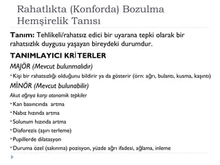 Rahatlıkta (Konforda) Bozulma
Hemşirelik Tanısı
Tanım: Tehlikeli/rahatsız edici bir uyarana tepki olarak bir
rahatsızlık duygusu yaşayan bireydeki durumdur.
TANIMLAYICI KR TERLERİ
MAJÖR (Mevcut bulunmalıdır)
Kişi bir rahatsızlı ı oldu unu bildirir ya da gösterir (örn: a rı, bulantı, kusma, kaşıntı)ğ ğ ğ
M NÖR (Mevcut bulunabilir)İ
Akut a rıya karşı otonomik tepkilerğ
Kan basıncında artma
Nabız hızında artma
Solunum hızında artma
Diaforezis (aşırı terleme)
Pupillerde dilatasyon
Duruma özel (sakınma) pozisyon, yüzde a rı ifadesi, a lama, inlemeğ ğ
 
