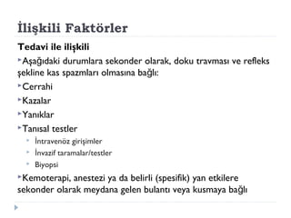 İlişkili Faktörler
Tedavi ile ilişkili
Aşa ıdaki durumlara sekonder olarak, doku travması ve refleksğ
şekline kas spazmları olmasına ba lı:ğ
Cerrahi
Kazalar
Yanıklar
Tanısal testler
 ntravenöz girişimlerİ
 nvazif taramalar/testlerİ
 Biyopsi
Kemoterapi, anestezi ya da belirli (spesifik) yan etkilere
sekonder olarak meydana gelen bulantı veya kusmaya ba lığ
 