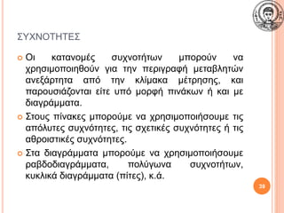 ΣΥΧΝΟΤΗΤΕΣ
 Οι κατανομές συχνοτήτων μπορούν να
χρησιμοποιηθούν για την περιγραφή μεταβλητών
ανεξάρτητα από την κλίμακα μέτρησης, και
παρουσιάζονται είτε υπό μορφή πινάκων ή και με
διαγράμματα.
 Στους πίνακες μπορούμε να χρησιμοποιήσουμε τις
απόλυτες συχνότητες, τις σχετικές συχνότητες ή τις
αθροιστικές συχνότητες.
 Στα διαγράμματα μπορούμε να χρησιμοποιήσουμε
ραβδοδιαγράμματα, πολύγωνα συχνοτήτων,
κυκλικά διαγράμματα (πίτες), κ.ά.
39
 