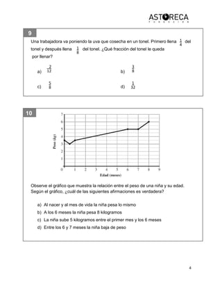 4
9
10
Una trabajadora va poniendo la uva que cosecha en un tonel. Primero llena del
tonel y después llena del tonel. ¿Qué fracción del tonel le queda
por llenar?
a) b)
c) d)
Observe el gráfico que muestra la relación entre el peso de una niña y su edad.
Según el gráfico, ¿cuál de las siguientes afirmaciones es verdadera?
a) Al nacer y al mes de vida la niña pesa lo mismo
b) A los 6 meses la niña pesa 8 kilogramos
c) La niña sube 5 kilogramos entre el primer mes y los 6 meses
d) Entre los 6 y 7 meses la niña baja de peso
1
4
1
8
_2
12
3
8
5
8
1
32
 