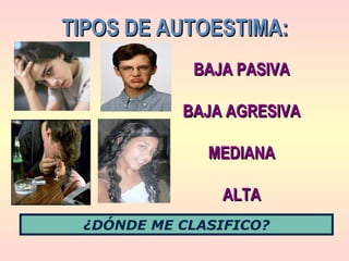BAJA PASIVABAJA PASIVA
BAJA AGRESIVABAJA AGRESIVA
MEDIANAMEDIANA
ALTAALTA
¿DÓNDE ME CLASIFICO?
TIPOS DE AUTOESTIMA:TIPOS DE AUTOESTIMA:
 