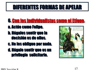 DDIIFFEERREENNTTEESS FFOORRMMAASS DDEE AAPPEELLAARR 
66.. CCoonn llooss iinnddiivviidduuaalliissttaass ccoommoo eell EEttííooppee.. 
aa.. AAccttúúee ccoommoo FFeelliippee.. 
bb.. HHáággaalleess sseennttiirr qquuee llaa 
ddeecciissiióónn eess ddee eellllooss.. 
cc.. NNoo lleess oobblliigguuee ppoorr nnaaddaa.. 
dd.. HHáággaallee sseennttiirr qquuee eess uunn 
pprriivviilleeggiioo ssoolliicciittaarrlloo.. 
IBV lección 8 17 
 