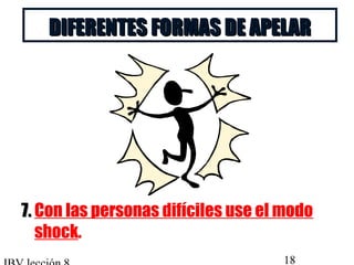 DDIIFFEERREENNTTEESS FFOORRMMAASS DDEE AAPPEELLAARR 
77.. Con las personas difíciles use el modo 
shock. 
IBV lección 8 18 
 